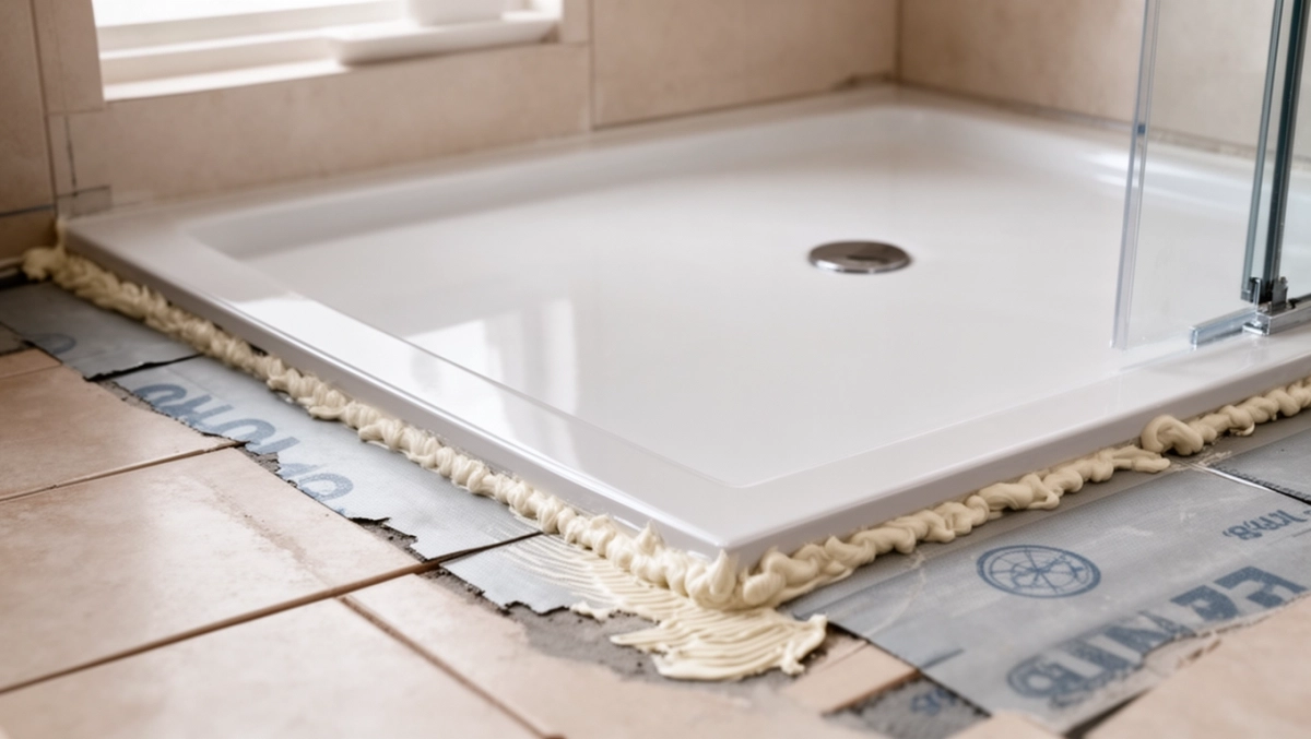 Montaż brodzika z konglomeratu na płytkach